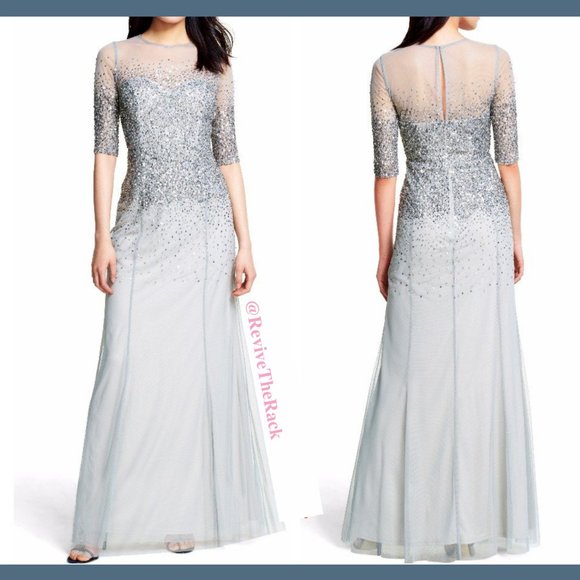 NEW Adrianna Papell Beaded Illusion Bodice Mesh Gown in Grey‎ [Petite SZ 4P ] - Picture 9 of 9
